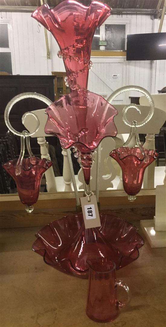 Cranberry glass epergne & small jug